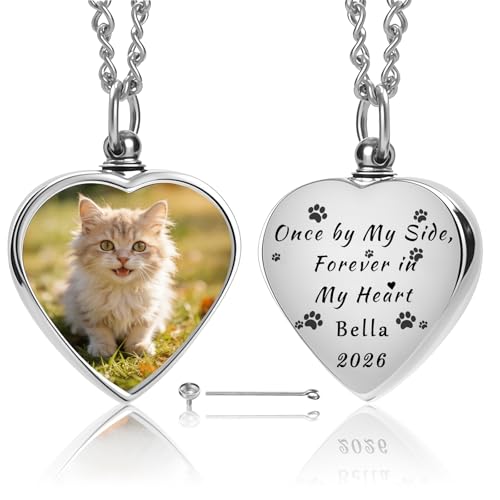 QYH Personalized Pet Ashes Necklace with Custom Photo and Engraving | Heart-Shaped Urn Pendant – Cremation Jewelry Keepsake for Dog and Cat Ashes, a Meaningful Memorial Gift for Pet Lovers - style: Cat Urn