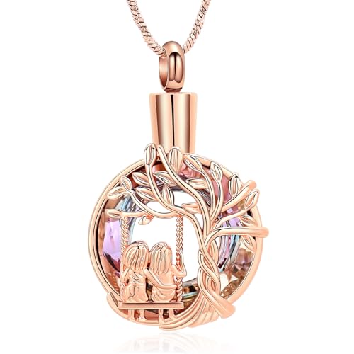 Yinplsmemory Cremation Jewelry Tree of Life Urn Necklace for Women Ashes Keepsake Jewelry for Sister for Ashes - color: Rose gold-purple