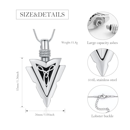 Arrow Head Urn Necklace for Ashes Cremation Jewelry Stainless Steel Arrowhead Pendant Memorial Necklaces Ash Holder Keepsake Jewelry for Loved Ones with Fill Tool - color: Silver
