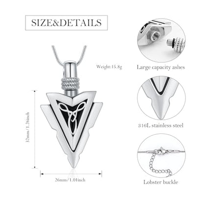 Arrow Head Urn Necklace for Ashes Cremation Jewelry Stainless Steel Arrowhead Pendant Memorial Necklaces Ash Holder Keepsake Jewelry for Loved Ones with Fill Tool - color: Silver