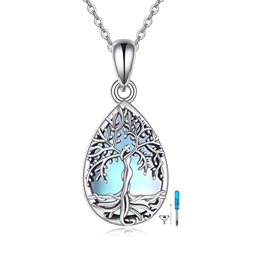 ONEFINITY Tree of Life Urn Necklace for Ashes Sterling Silver Moonstone Black Onyx Mass Agate Cremation Necklace for Ashes Keepsake Memory Jewelry for Women - style: Teardrop moonstone tree