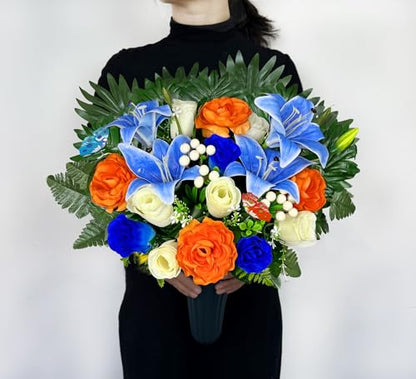 Artificial Cemetery Flowers for Grave Vase - Gravesite Flowers,Headstone Decorations with Blue Lily White Rose Mix Bouquet