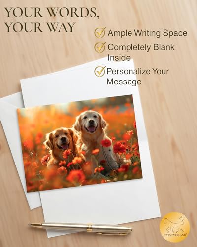 Golden Retrievers in Flower Garden All Occasions Greeting Card from Unique Dogs Party Delights Collection Large 5x7 Inch Blank Inside with Envelope - color: Golden Retrievers in Flower Garden