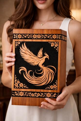Urn with Phoenix & Floral Engraving – Premium Memorial Urn for Human Ashes – Decorative Funeral Urn Box [Available urn Box in 5 Different Sizes] ((Full Size 14X7.5 600 Cubic INCHES))