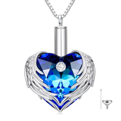 WINNICACA Silver Cremation Urn Necklaces for Ashes of Loved Ones - style: Angel Wings Crystal Necklace