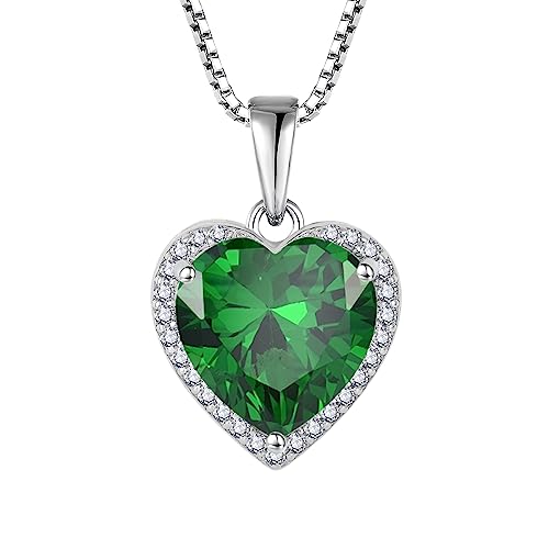 925 Sterling Silver Halo Heart Necklace for Women | Lwsary Love Heart Necklace, Heart Cut Birthstone Jewelry for Her - color: Green