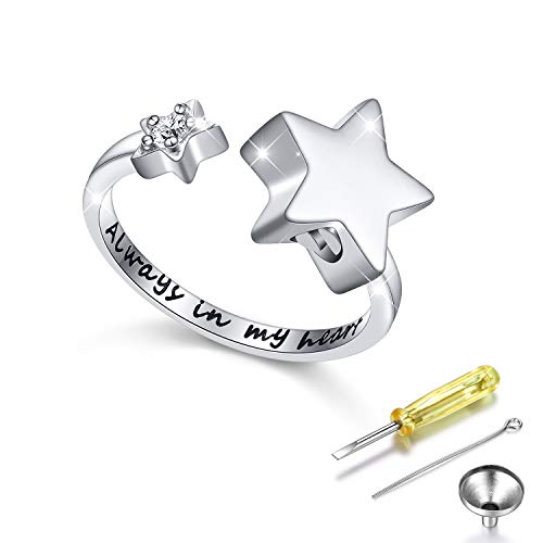 S925 Sterling Silver Star Cremation Urn Ring Always In My Heart Memorial Ashes Keepsakes Adjustable Open Thumb Finger Ring Memorial Day Jewelry for Women