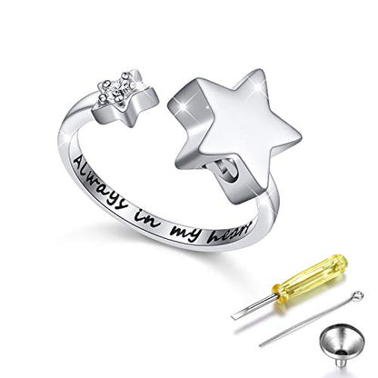 S925 Sterling Silver Star Cremation Urn Ring Always In My Heart Memorial Ashes Keepsakes Adjustable Open Thumb Finger Ring Memorial Day Jewelry for Women