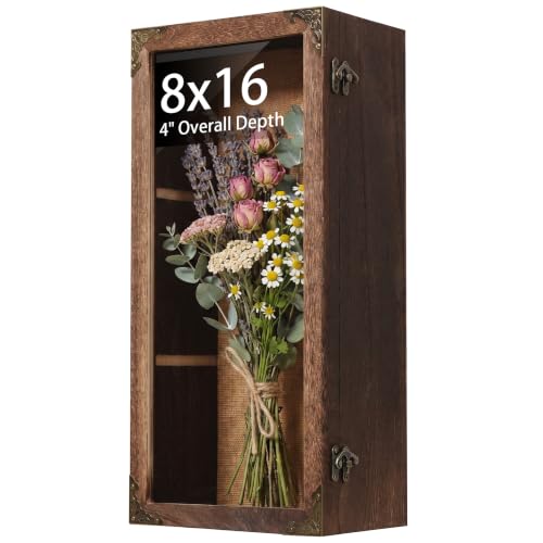 Shadow Box Frame 8x16 with Real Glass Door, Deep Solid Wood Memory Display Case with 4 Inch Outer Depth, for Medals, Collectibles, Photos, Flowers, Wall Mount or Tabletop - size: Tall Deep 8x16 Carbonized
