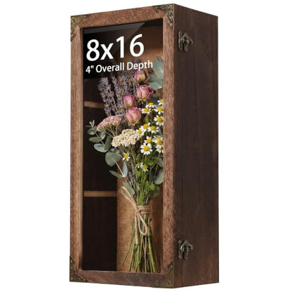 Shadow Box Frame 8x16 with Real Glass Door, Deep Solid Wood Memory Display Case with 4 Inch Outer Depth, for Medals, Collectibles, Photos, Flowers, Wall Mount or Tabletop - size: Tall Deep 8x16 Carbonized