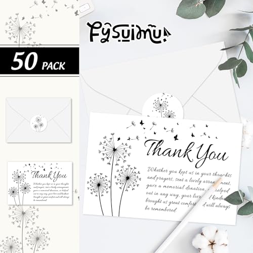 FYSUIMU 50Pcs Funeral Thank You Cards Bulk Boxed Black Dandelion Sympathy Thank You Cards with Sticker Envelope Bereavement Card for Memorial Service Loved Ones Celebration of Life - style: Dandelion