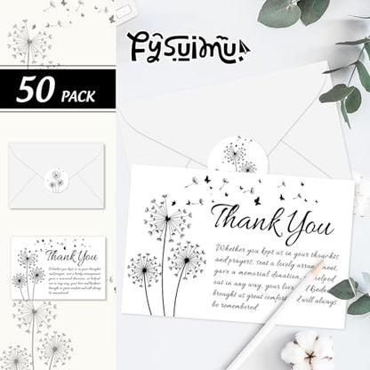 FYSUIMU 50Pcs Funeral Thank You Cards Bulk Boxed Black Dandelion Sympathy Thank You Cards with Sticker Envelope Bereavement Card for Memorial Service Loved Ones Celebration of Life - style: Dandelion