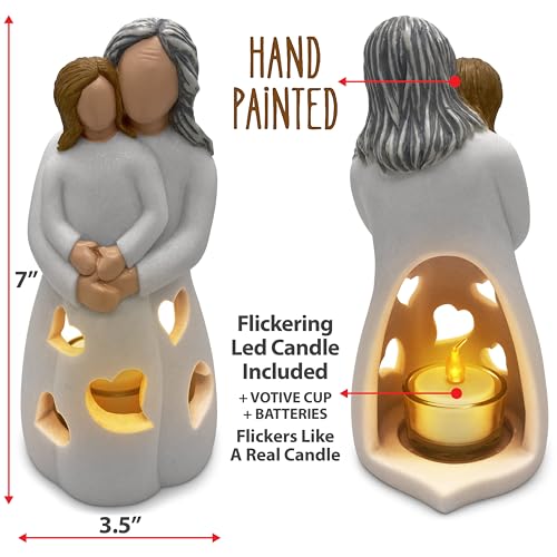 Hand-Painted Grandma-Granddaughter Candle Holder Statue Gift, with Flickering LED Candle | Gigi Grandmother Birthday Gift, Unique Nana Present Ideas for Christmas, Greeting Card Included - color: Grandma & Granddaughter (Light Brown)