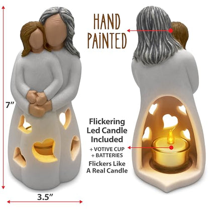 Hand-Painted Grandma-Granddaughter Candle Holder Statue Gift, with Flickering LED Candle | Gigi Grandmother Birthday Gift, Unique Nana Present Ideas for Christmas, Greeting Card Included - color: Grandma & Granddaughter (Light Brown)