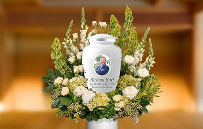 Personalized Photo Cremation Urns for Adult Ashes Male Female - 200lbs Custom Photo Burial Urns for Human Ashes - Engraved Handcrafted Funeral Decorative Urns for Adult with Velvet Bag,White