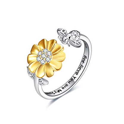 ONEFINITY Bee-Live You are My Sunshine Sterling Silver Sunflower Rings with Bee/Ladybug Open Adjustable Ring for Women