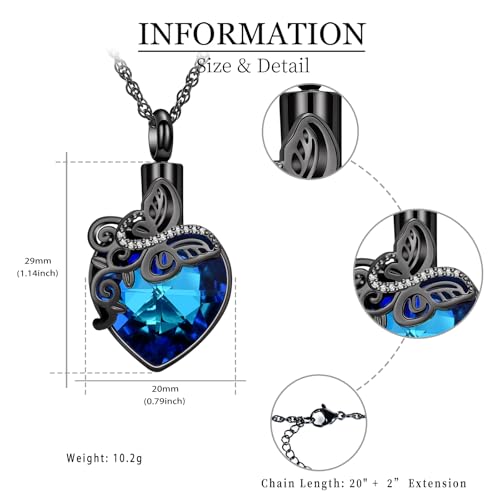 shajwo Butterfly Heart Urn Necklaces Cremation Jewelry for Ashes for Women Men Memorial Human Ashes Pendant - color: 1-Black-Blue