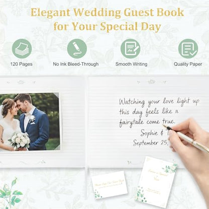 Wedding Guest Book Set, White Linen Hardcover, Gold Foil, 120 Pages - color: White