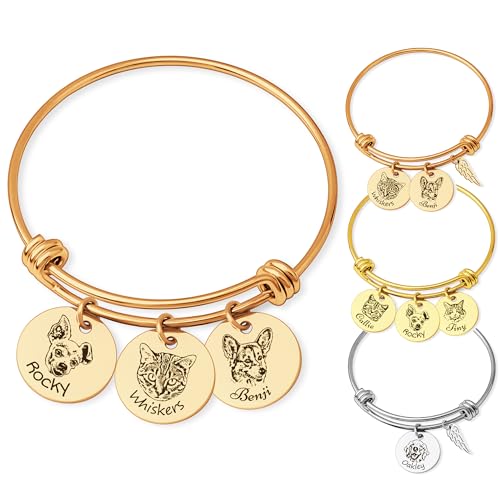 Anavia 1/2/3/4 Disc Pet Portrait Bangle Bracelet, Personalized Pet Memorial Expandable Charm Bracelet Jewelry Gift, Customized Round Disc Photo Engraved Dog Cat Bracelet for Animal Lovers - color: Rose Gold, size: Small - 3 Disc