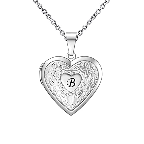 KunBead Women's Heart Photo Locket Necklace with Picture inside Initial A-Z Letter Alphabet Love Jewelry Pendant Necklace - style: B