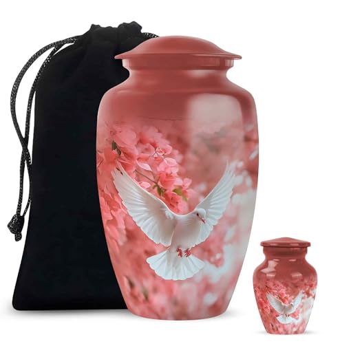 Yatskia Cherry Blossoms Dove Large Cremation Urns for Human Ashes Adult Male and Female, Mini Keepsake Urn for Ashes, (Classic 10 Inch and 3 Inch) - color: #3 Pink, size: Combo Pack of 2