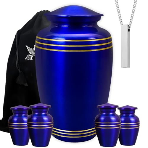 Set of 6 Royal Blue Decorative Funeral Urns for Ashes Adult Male & Female Includes 1 Large Urn with 4 Small Keepsakes & 1 Memorial Necklace - color: Royal Blue Urn Set