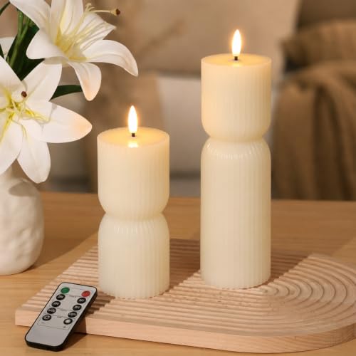 JOIONE Ribbed LED Flameless Candles 2 Pack with Remote, Ivory | Ribbed LED Candles with Flickering Glow, Remote Control, Battery Operated, Perfect Mood Lighting for Home Decor - color: Ivory