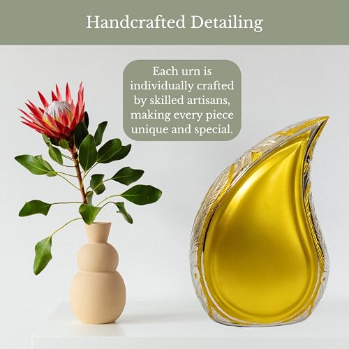 NORSE'S TRADECRAFT Teardrop Urn for Ashes Adult Male & Female | Metal with Gold Finish, 60 cu in Capacity, Memorial Gifts with Velvet Bag, Handcrafted Cremation Urn Keepsake