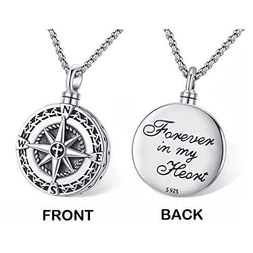 Compass Necklace for Women Men 925 Sterling Silver Pendant Urn Necklaces for Ashes Picture Locket Necklace Anchor Necklace Viking Necklace Crystals CZ Moonstone Abalone Shell Turquoise Compass Jewelry - color: T-I-Compass Urn Necklace, style: Urn Necklace