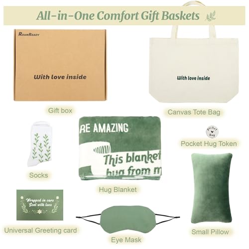 Get Well Soon Gift Baskets for Women, Thinking of You Set | 8pcs Cancer Care Gifts for Family Friends Sister, Practical Care Package With Small Pillow, Hug Blanket, Canvas Bag and More
