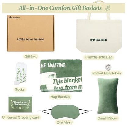 Get Well Soon Gift Baskets for Women, Thinking of You Set | 8pcs Cancer Care Gifts for Family Friends Sister, Practical Care Package With Small Pillow, Hug Blanket, Canvas Bag and More