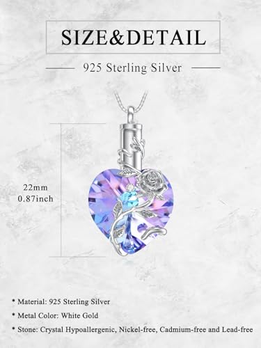 OCJ Heart Rose Flower Urn Necklace for Ashes Women Birthstone Cremation Necklaces Sterling Silver Memorial Cremation Jewelry Gifts - color: 02-Feb-Amethyst