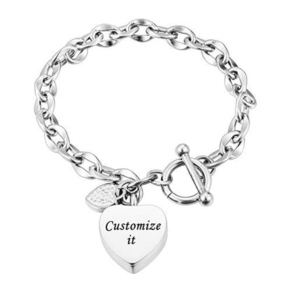 XIUDA Urn Bracelet for Ashes Cremation Bracelet Ashes Bracelet Heart Locket Holder Bangle Link Chain Women Men - color: silver-engraving