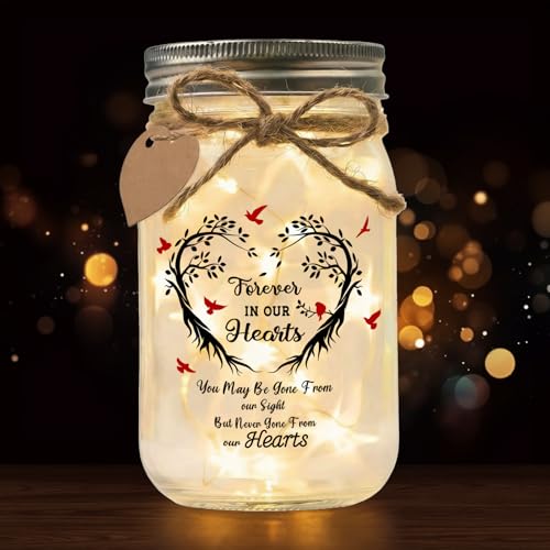 Jar Night Light, Glass Lamp, 5x3 Inch, Memorial Gift Sympathy - color: Forever In Our Hearts