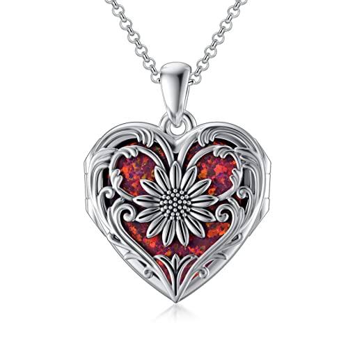 SOULMEET Personalized Silver Locket Necklace That Holds Pictures Photo Keep Someone Near to You, Memorial Custom Lockets Necklaces Letters Engraving for His Her - color: A7-Red opal sunflower-Black, style: Locket Necklace Only