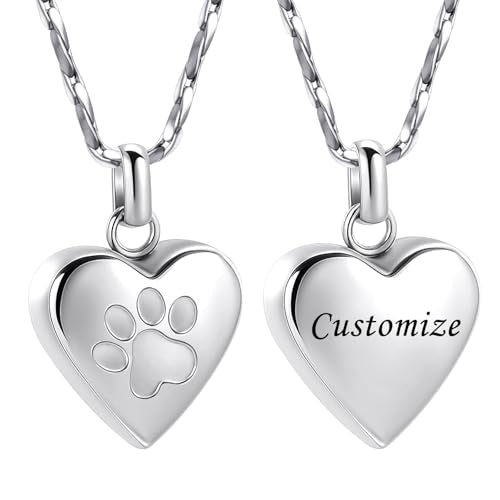Paw Print Heart Urn Necklace for Pet Ashes Cremation Jewelry Memorial Keepsake Pendant for Dog/Cat Stainless Steel Ash Holder Necklace - color: Customize