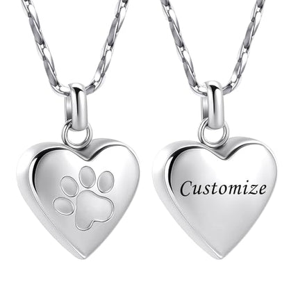Paw Print Heart Urn Necklace for Pet Ashes Cremation Jewelry Memorial Keepsake Pendant for Dog/Cat Stainless Steel Ash Holder Necklace - color: Customize