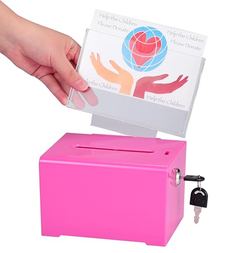 Adir Acrylic Fundraising Box - Raffle Donation Tip Box (6.25x4.5x4 Inches) with Slot, Lock & Sign Holder - color: Pink