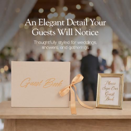Wedding Guest Book with Keepsake Pocket & Satin Bow Closure Linen Hardcover - color: Champagne