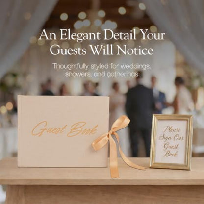 Wedding Guest Book with Keepsake Pocket & Satin Bow Closure Linen Hardcover - color: Champagne