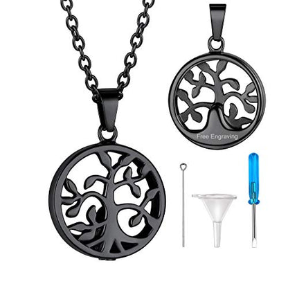 GOLDCHIC JEWELRY Urn Necklaces for Ashes, Stainless Steel Pet/Cross/Birthstone/Tree of Life Personalized Keepsake Memorial Jewelry for Women - color: Family Tree - Black Plated, style: Personalized Engraving