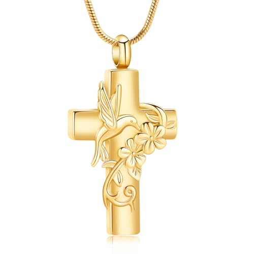 Cross Hummingbird Urn Necklace for Ashes Flower Ashes Pendant Memorial Necklace Cremation Jewelry Ashes Keepsakes Necklace Gift for Loss of Loved Ones Memorial Jewelry - color: Golden