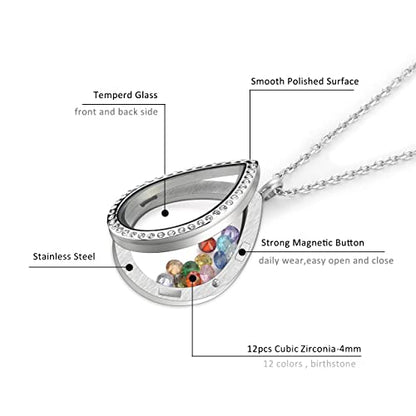 Jovivi Teardrop/Heart Floating Charm Memory Locket Necklace - 316 Surgical Stainless Steel Buckle Closure - color: Teardrop with Crystals
