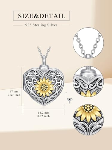 WINNICACA Cremation Jewelry for Ashes Locket Ashes Necklace Urn Necklace for Women Sterling Silver Cremation Necklace for Ashes Fine Keepsake Picture Necklace Memorial Jewelry - style: B03-Sunflower Urn Locket Necklace