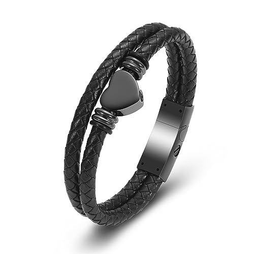 Oinsi Heart Urn Bracelet for Ashes, Cremation Jewelry Leather Bracelets for Men Women, Memorial Jewelry With Filling Kits - color: Black-22cm