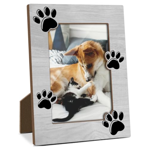 Pet Wooden Picture Frame, 4x6 Pet Paw Prints Photo Frame, Dog Cat Mom Memorial Sympathy Gifts, Remembrance Gifts, Picture Frames for Tabletop Display, Home Office Desk Decorations -001