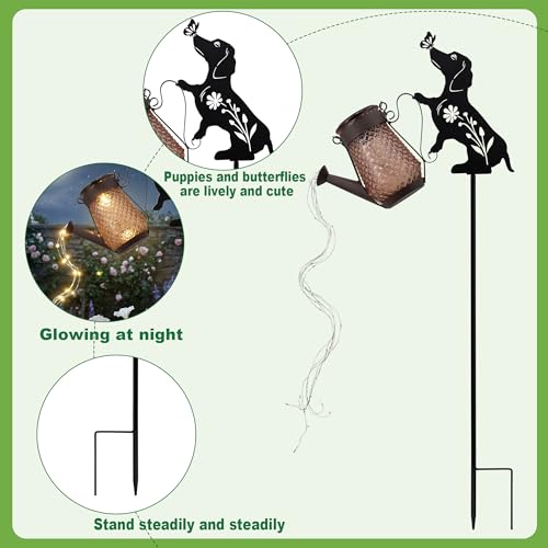 Solar Watering Can Light Dog Stake 37in Garden Waterfall LED Outdoor Art - color: Dog Watering Can
