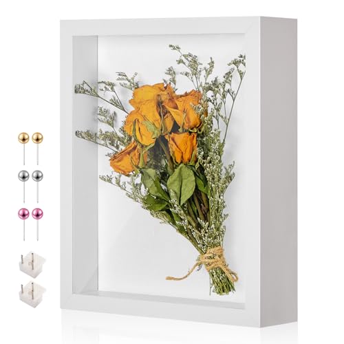 8x10 Shadow Box Frame with Thickened Acrylic Panel & Pins | With Linen Back and Stand, Deep 1.2" White Shadow Box Display Case – Display on Tabletop or Wall for Photo, Flower, Keepsakes - color: White+foam Back+foam Packaging, size: 8x10