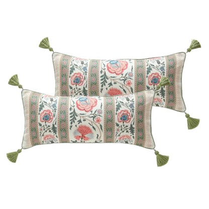 ISAENNE French Linen Rectangle Throw Pillow Cover,Set of 2,20"x12"-Daffy B | Designer French Elegant Pillow Cover,Concealed Zipper Design,Floral Pattern,Sofa,Bedroom,Living Room,Lounge Chairs - color: Daffy B, size: 28" x 12" (Pack of 2)