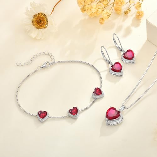 925 Sterling Silver Halo Heart Necklace for Women | Lwsary Love Heart Necklace, Heart Cut Birthstone Jewelry for Her - color: Deep Red